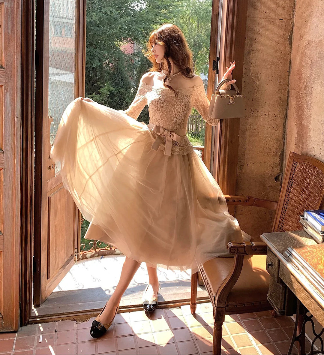 【dress】オフショルチュールレースワンピース  N3858