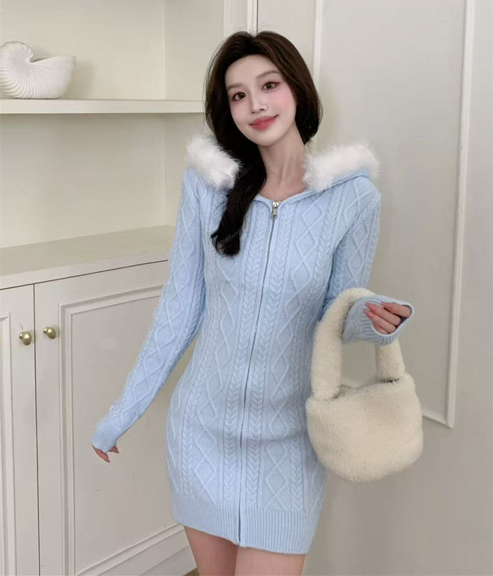 【dress】フードファーニットミニワンピース  N3862