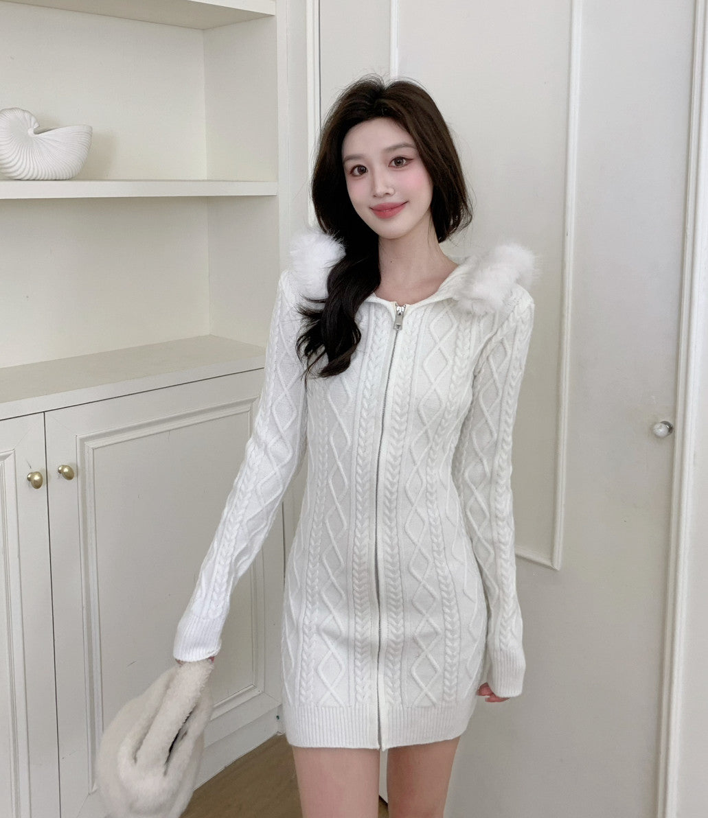 【dress】フードファーニットミニワンピース  N3862