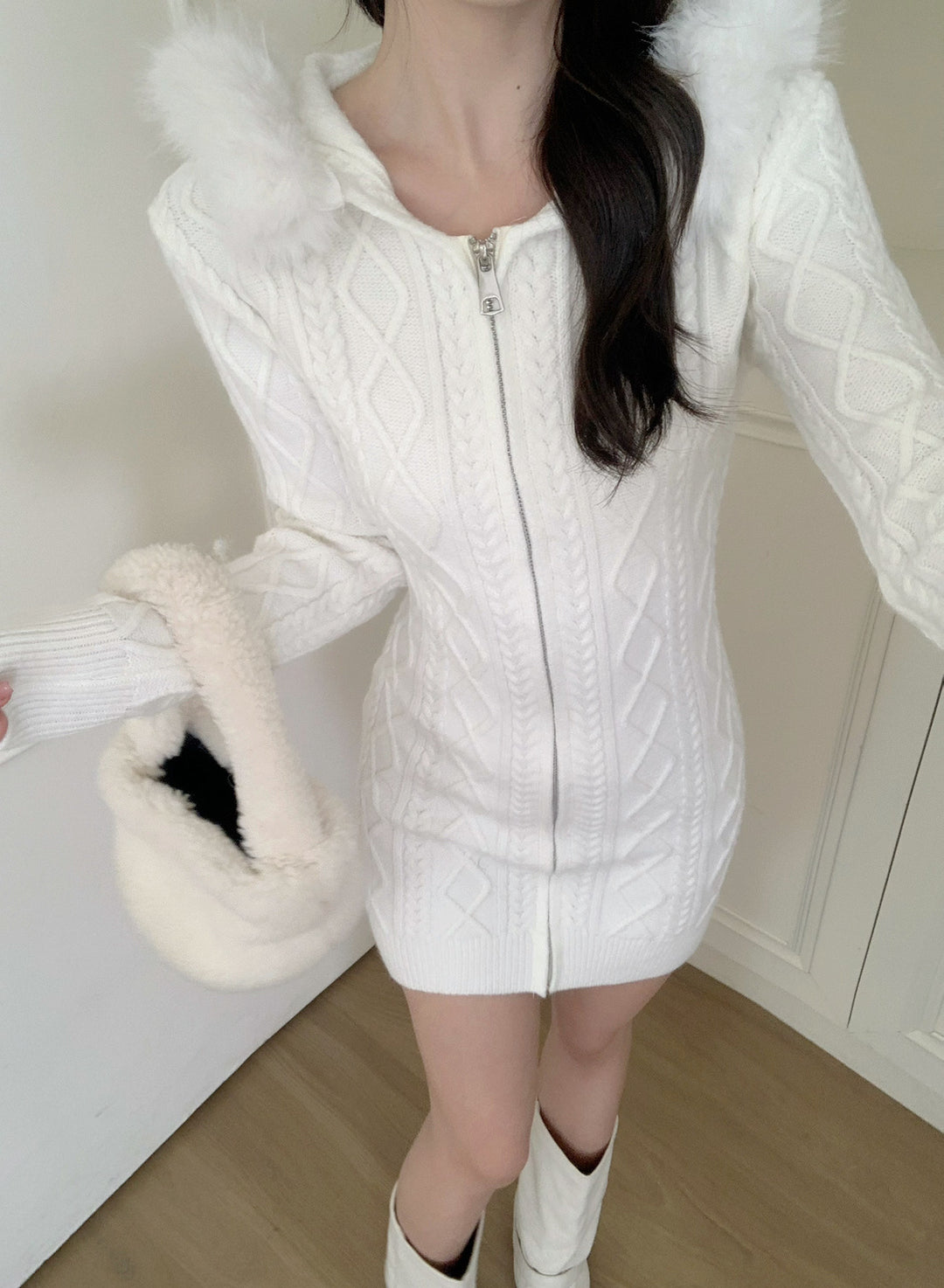 【dress】フードファーニットミニワンピース  N3862