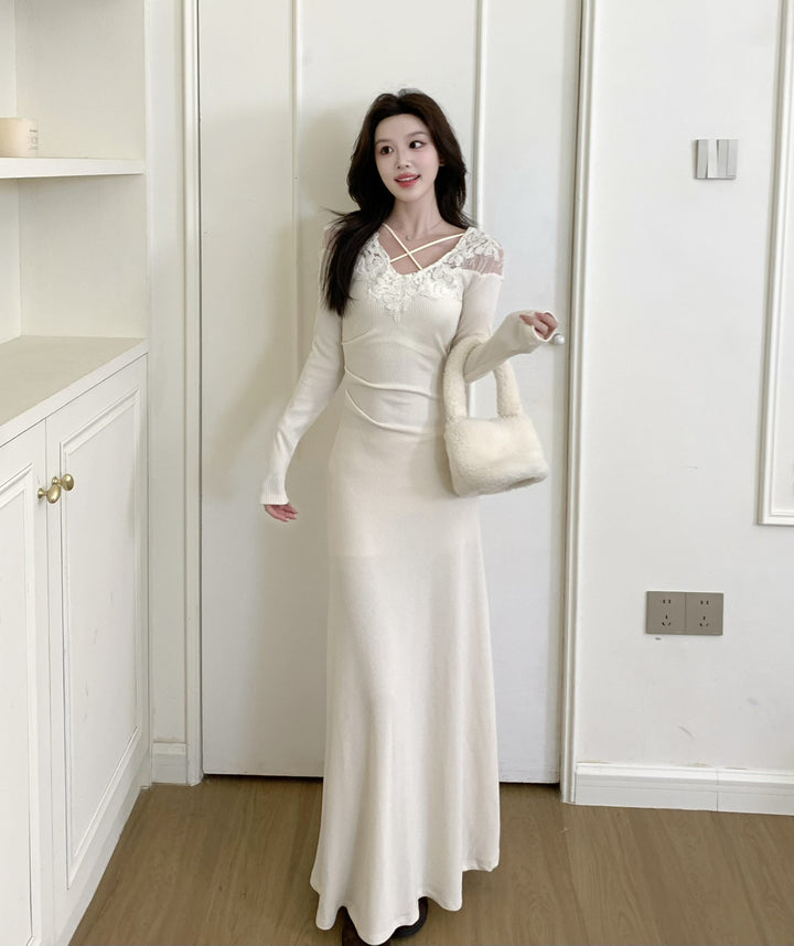 【dress】レースドッキングニットロングワンピース  N3863