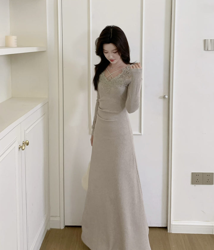 【dress】レースドッキングニットロングワンピース  N3863