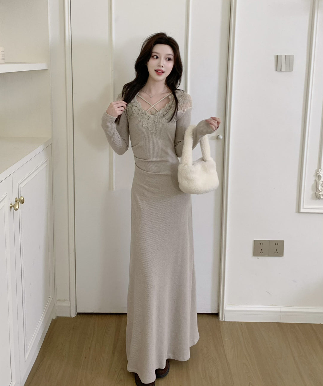 【dress】レースドッキングニットロングワンピース  N3863