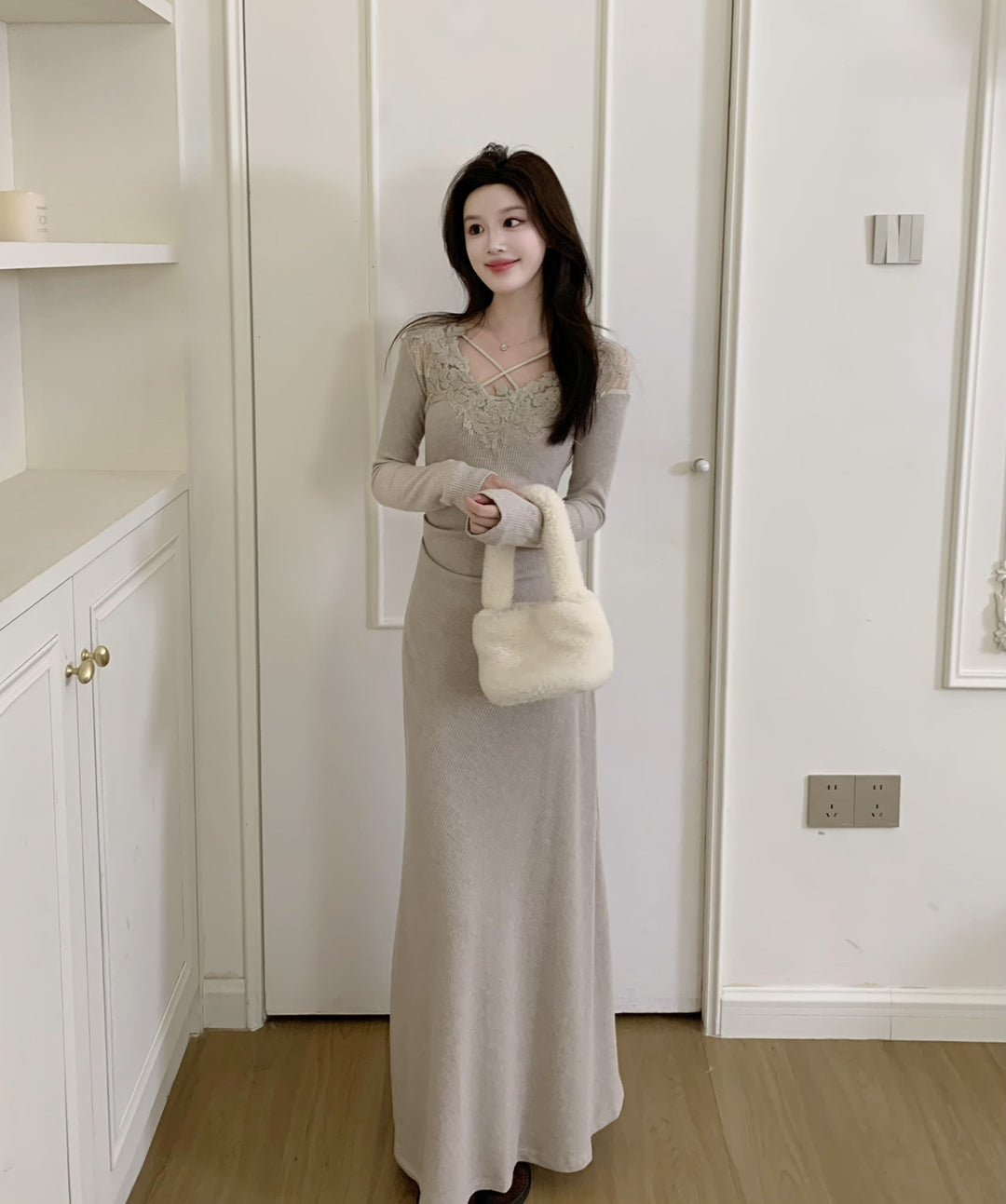 【dress】レースドッキングニットロングワンピース  N3863