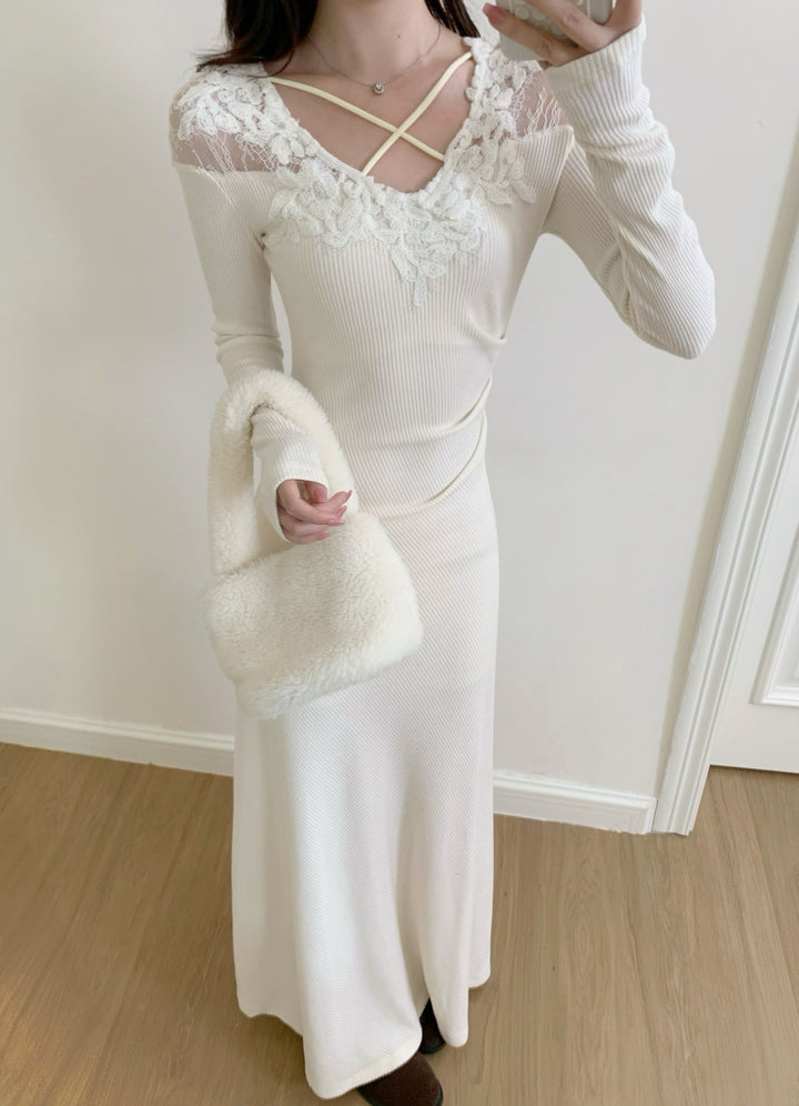 【dress】レースドッキングニットロングワンピース  N3863