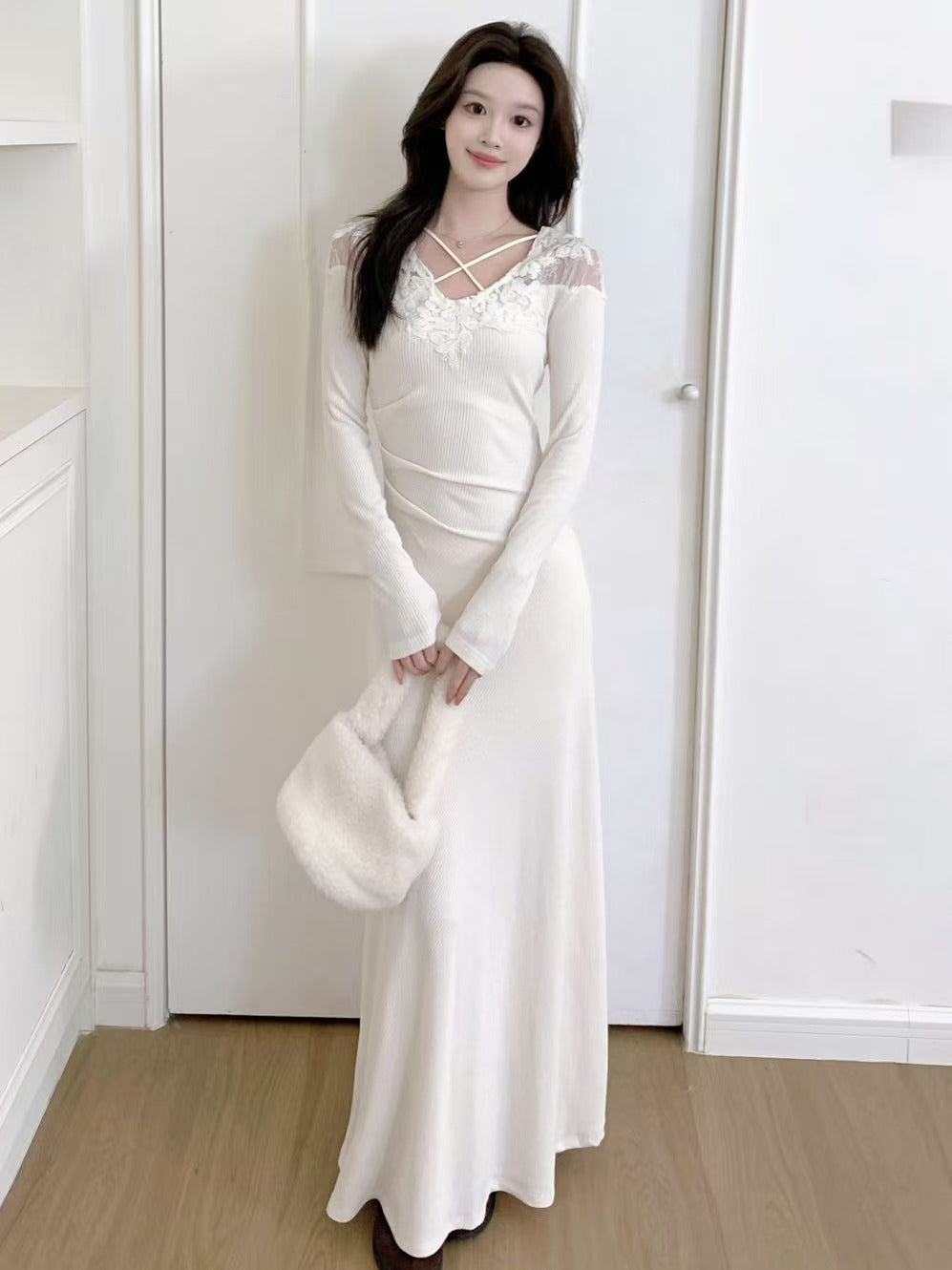【dress】レースドッキングニットロングワンピース  N3863