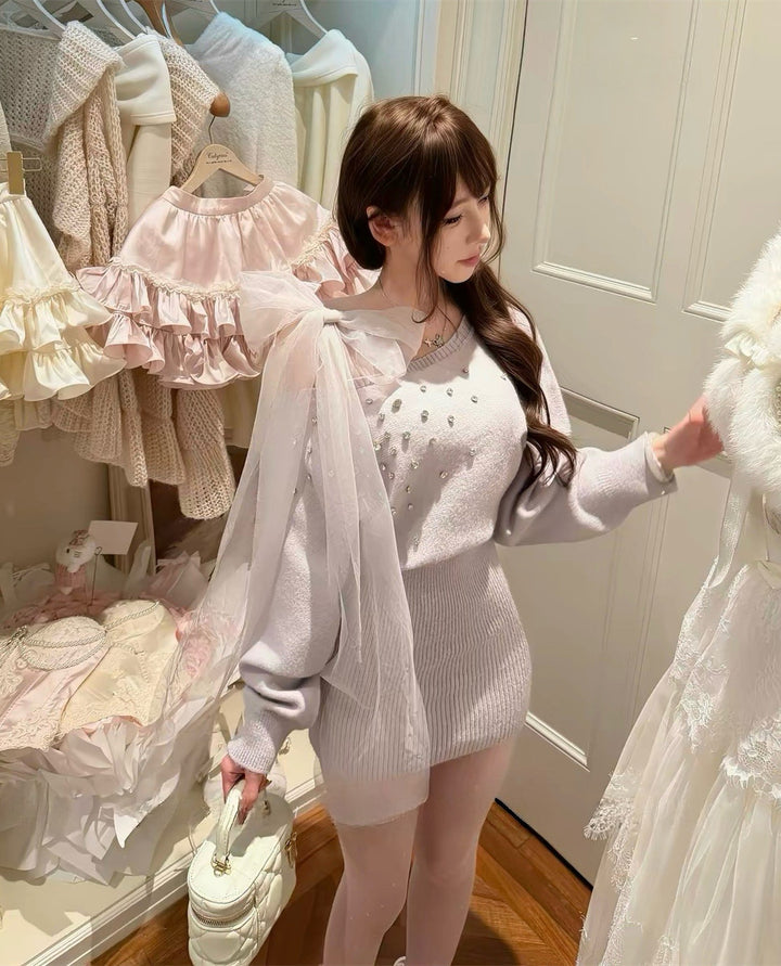 【dress】ショルダーリボンビジューニットワンピース  N3867
