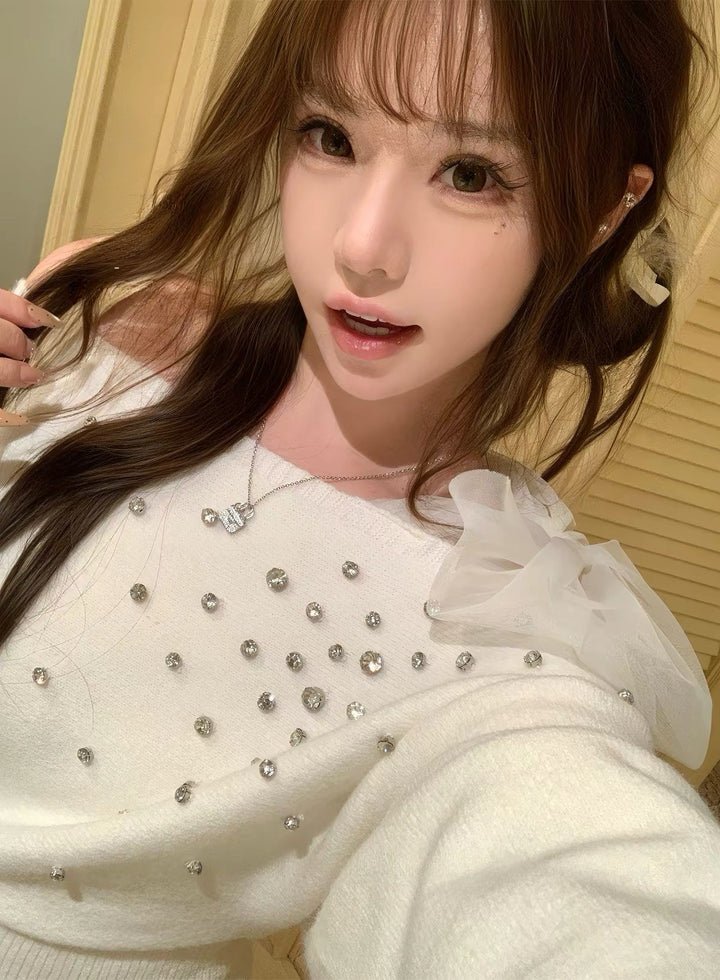 【dress】ショルダーリボンビジューニットワンピース  N3867