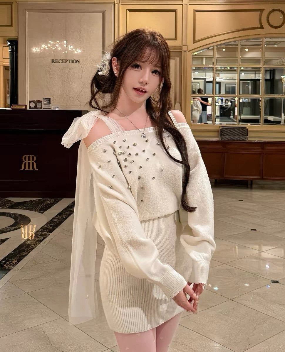 【dress】ショルダーリボンビジューニットワンピース  N3867