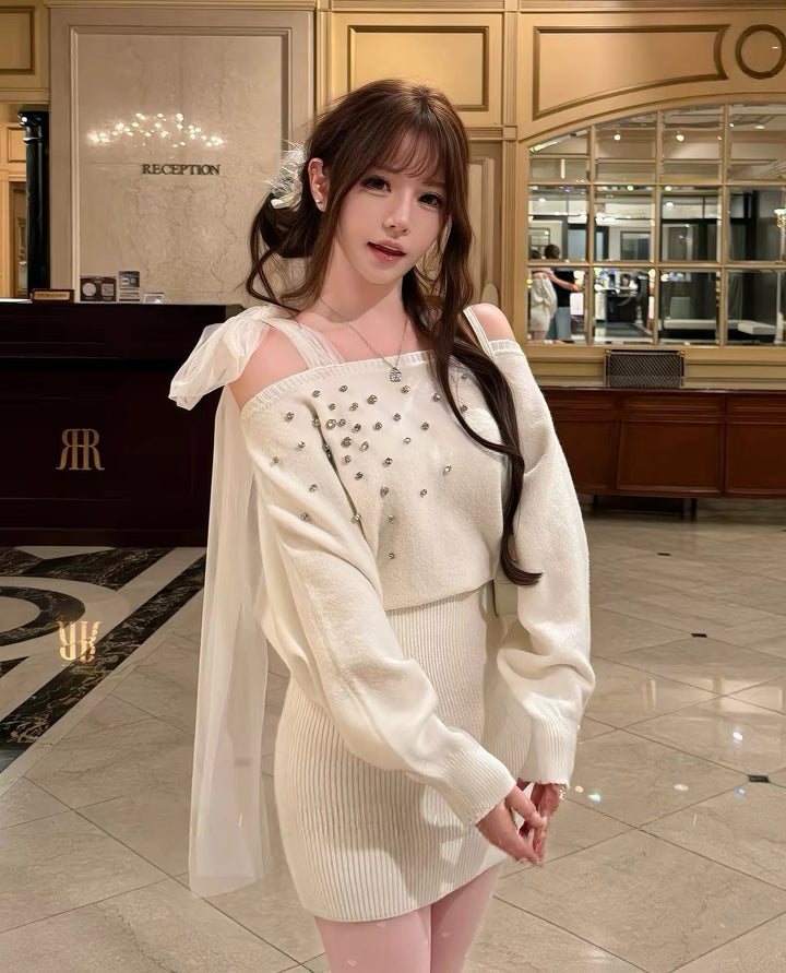 【dress】ショルダーリボンビジューニットワンピース  N3867