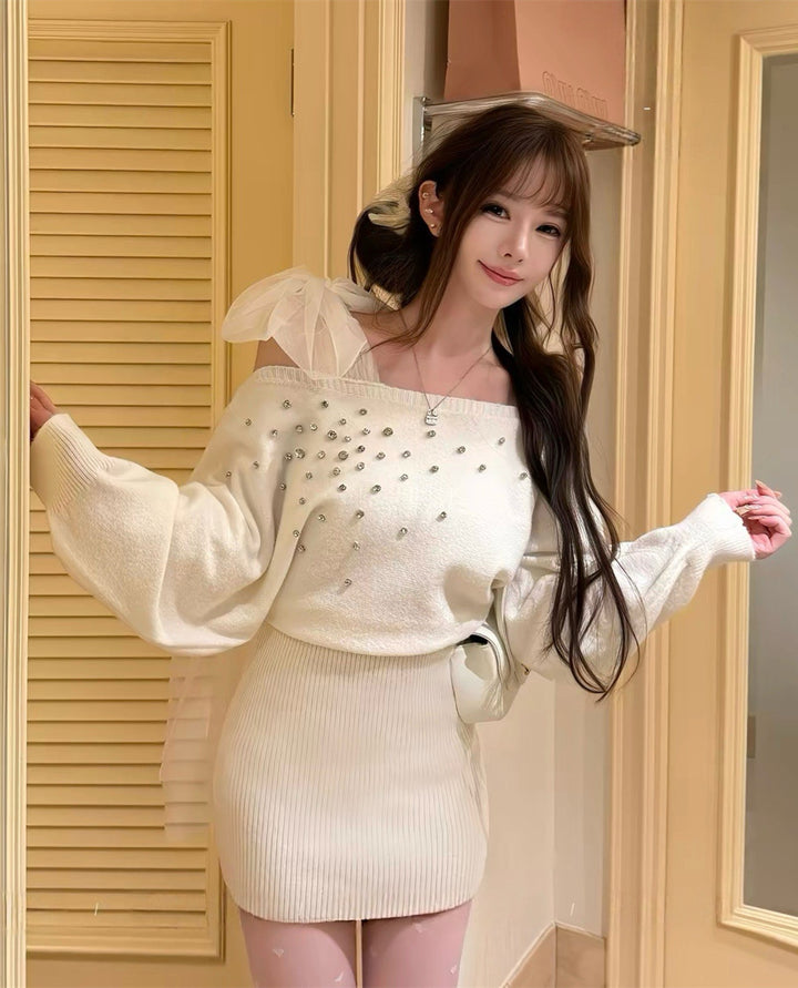 【dress】ショルダーリボンビジューニットワンピース  N3867