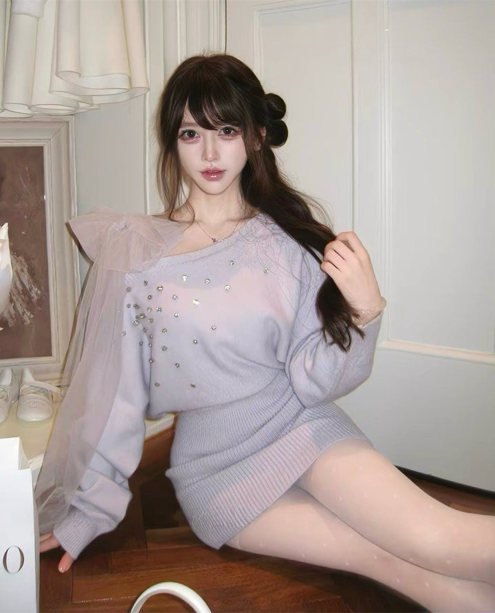【dress】ショルダーリボンビジューニットワンピース  N3867