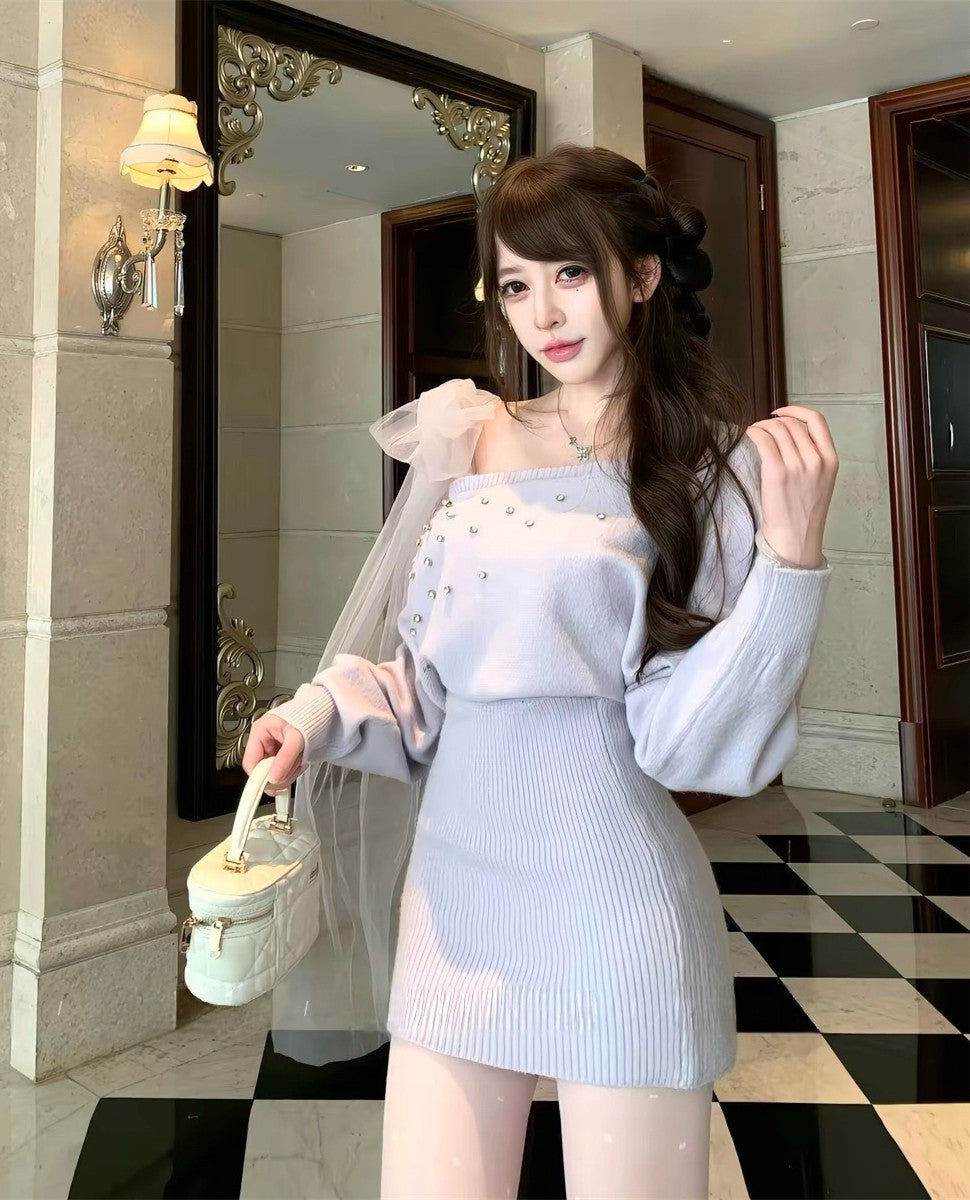 【dress】ショルダーリボンビジューニットワンピース  N3867