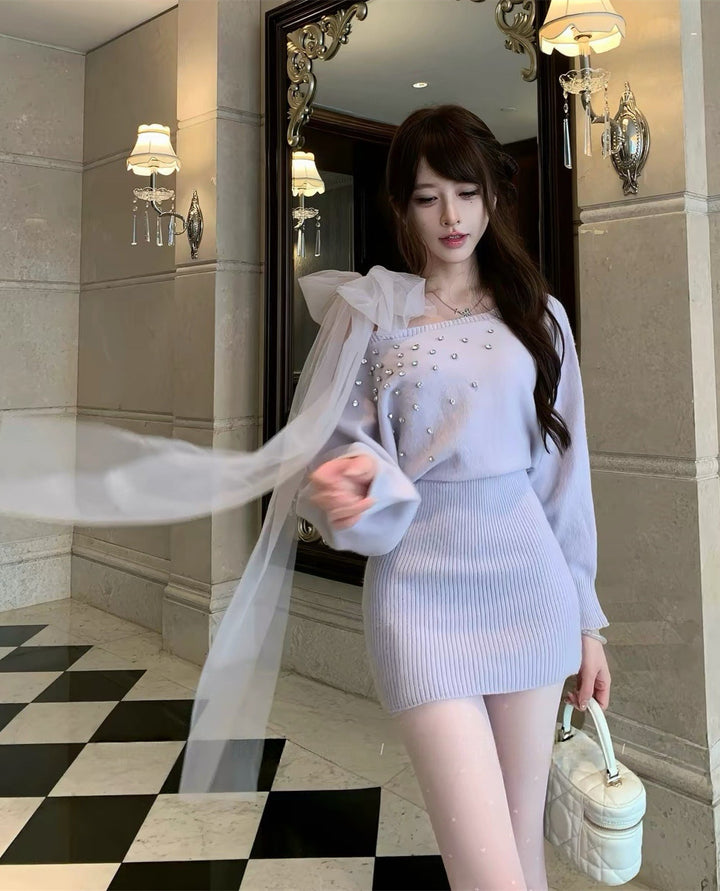 【dress】ショルダーリボンビジューニットワンピース  N3867