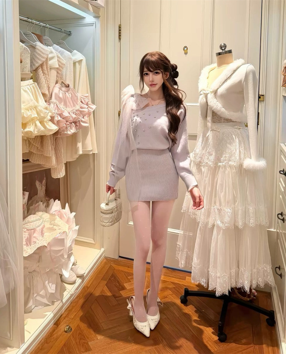 【dress】ショルダーリボンビジューニットワンピース  N3867