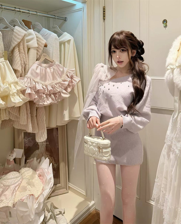 【dress】ショルダーリボンビジューニットワンピース  N3867