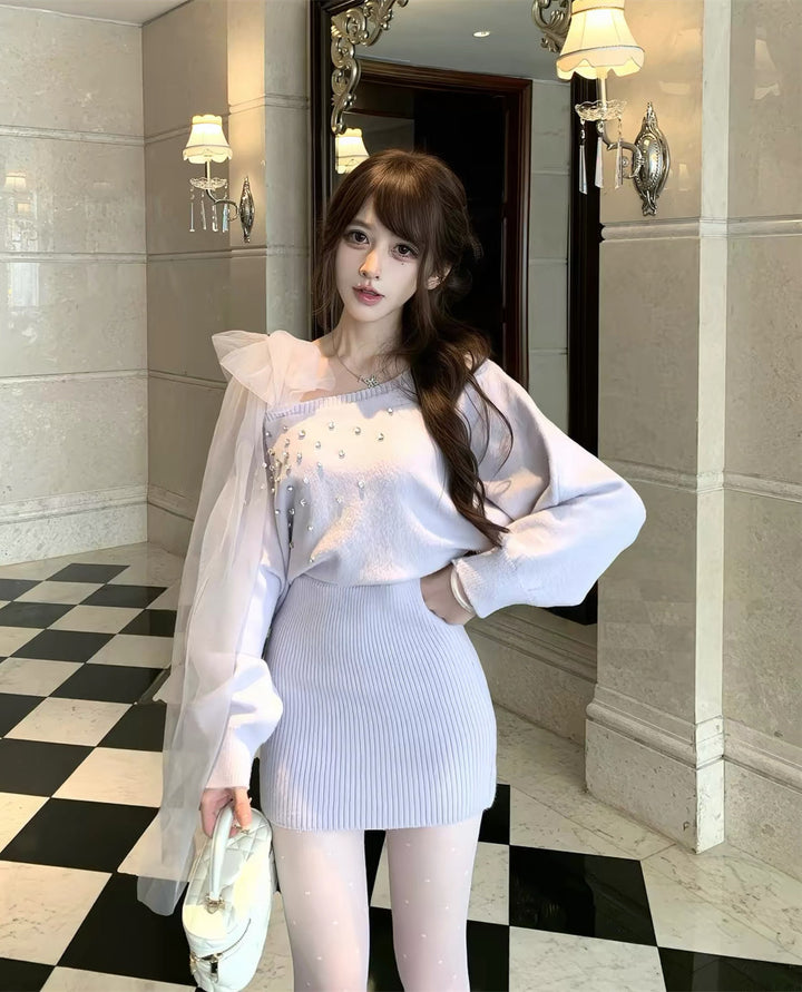 【dress】ショルダーリボンビジューニットワンピース  N3867