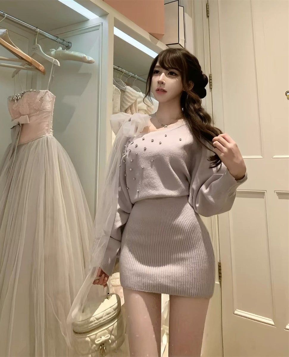 【dress】ショルダーリボンビジューニットワンピース  N3867