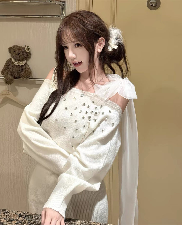 【dress】ショルダーリボンビジューニットワンピース  N3867