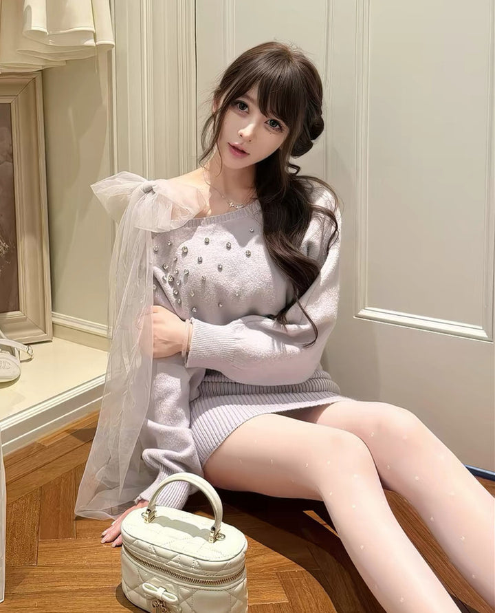 【dress】ショルダーリボンビジューニットワンピース  N3867