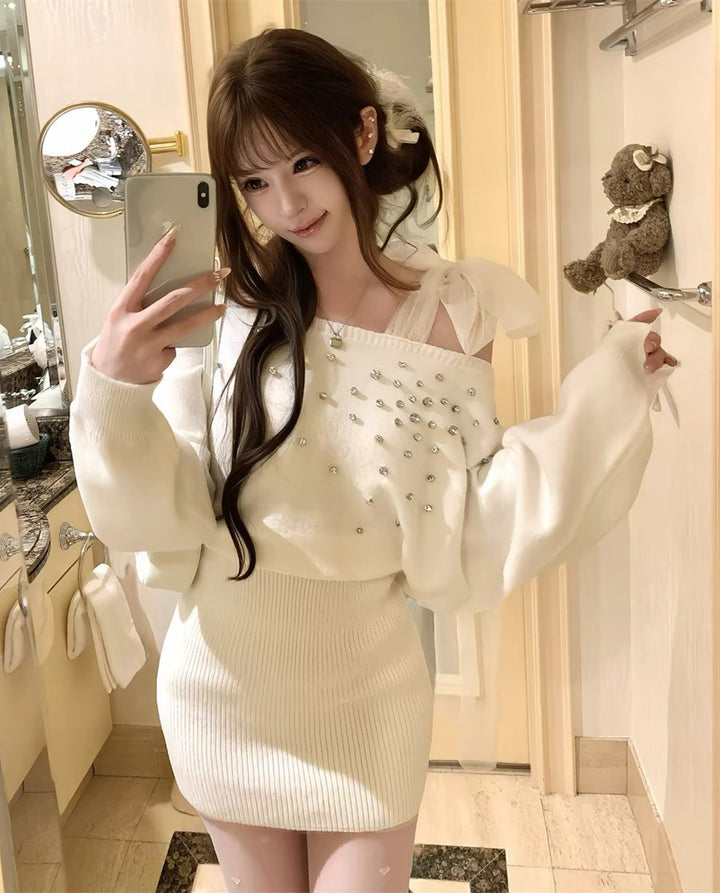 【dress】ショルダーリボンビジューニットワンピース  N3867