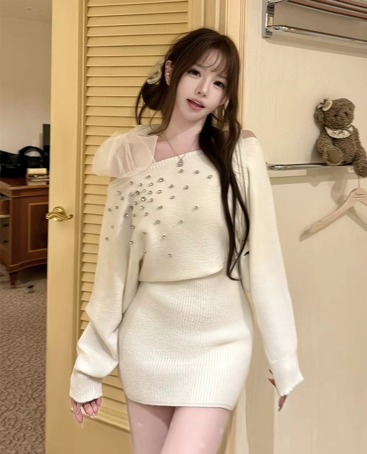 【dress】ショルダーリボンビジューニットワンピース  N3867