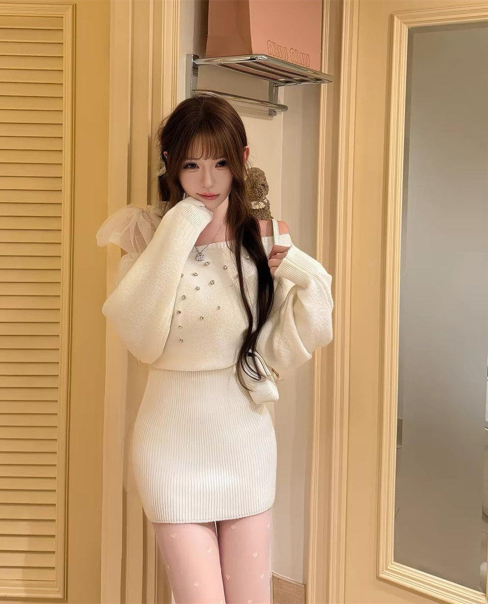 【dress】ショルダーリボンビジューニットワンピース  N3867