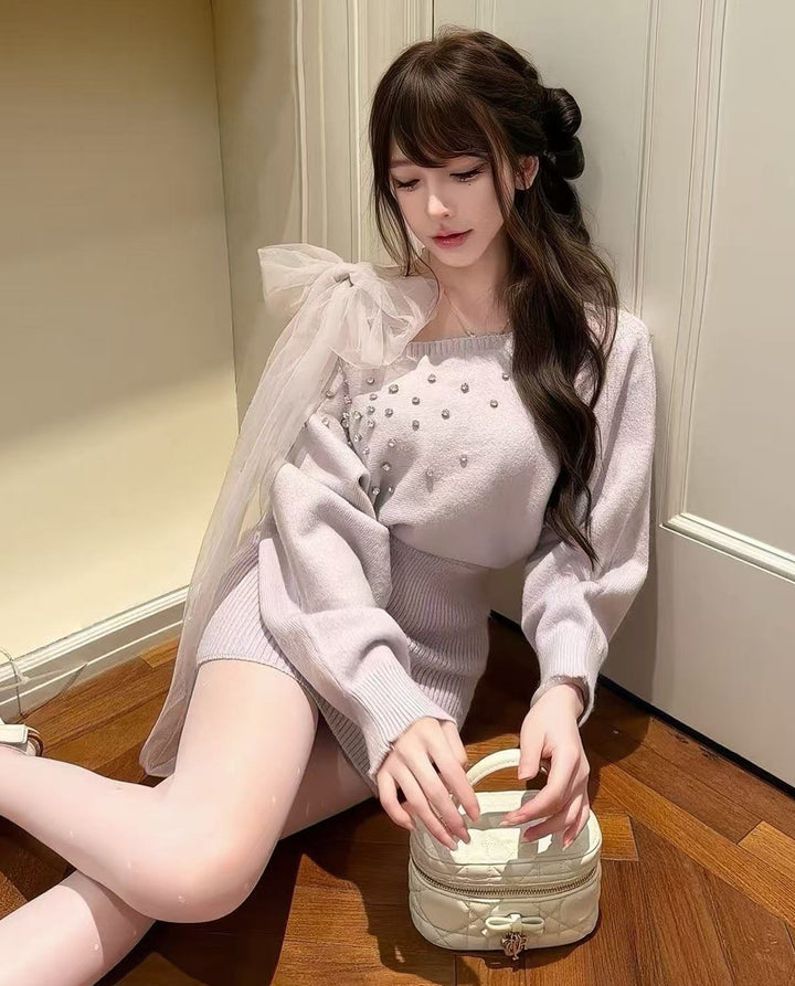 【dress】ショルダーリボンビジューニットワンピース  N3867