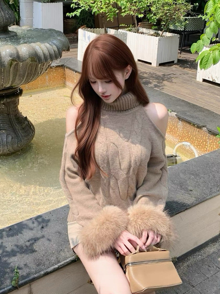 【tops】オープンショルダーファーニットトップス　N3869