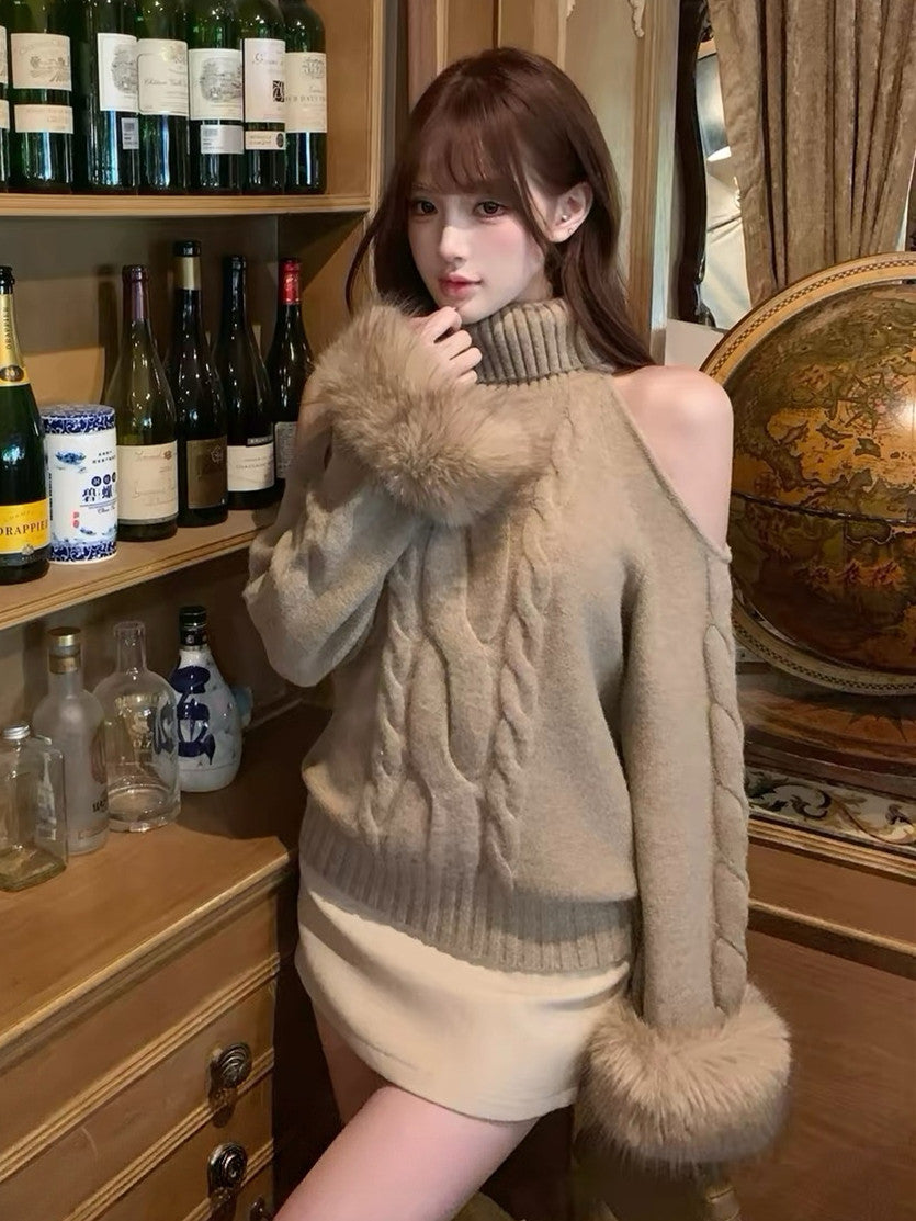 【tops】オープンショルダーファーニットトップス　N3869