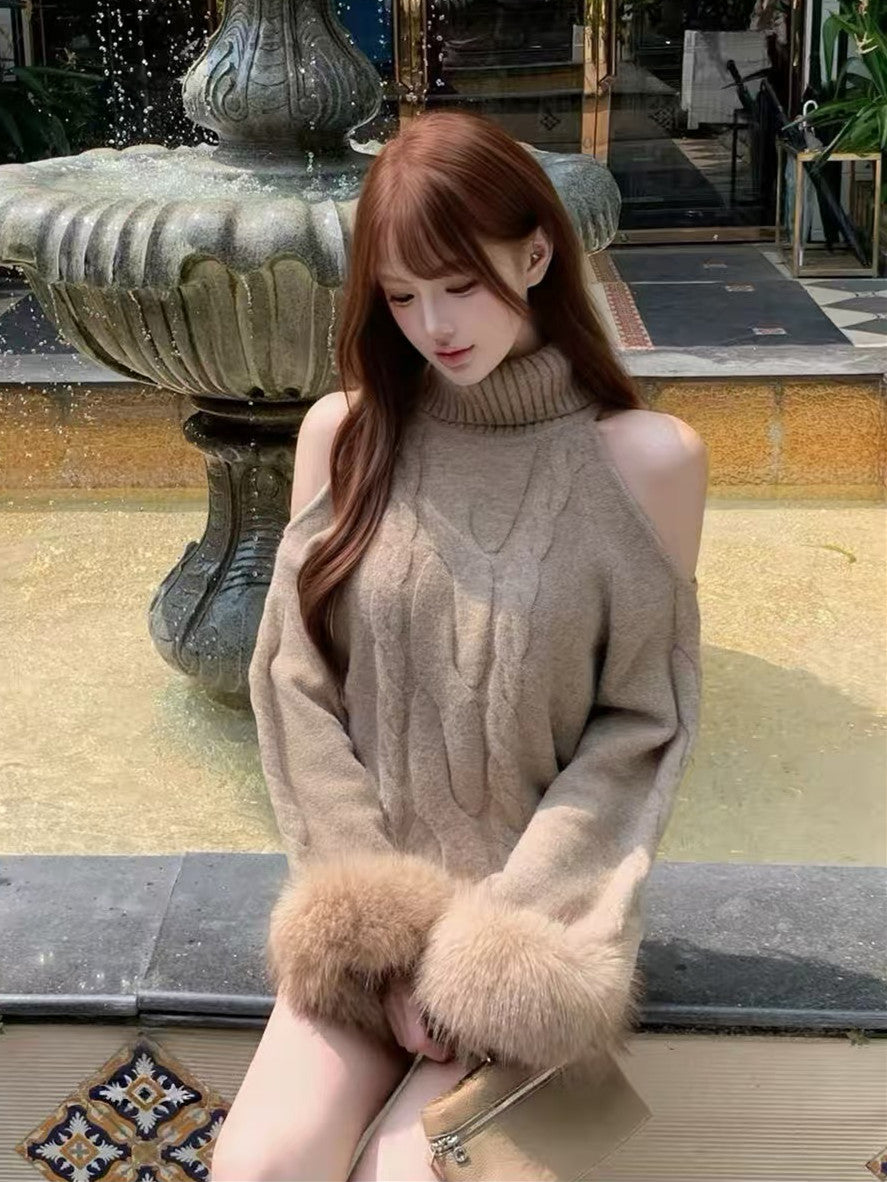【tops】オープンショルダーファーニットトップス　N3869
