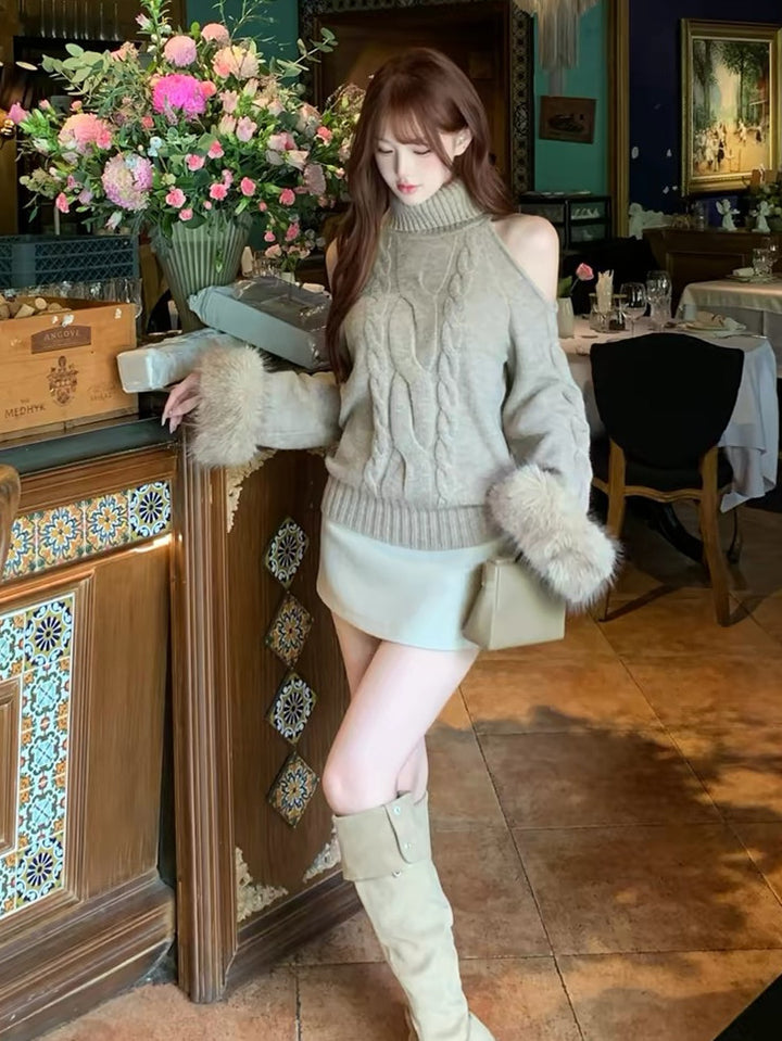 【tops】オープンショルダーファーニットトップス　N3869