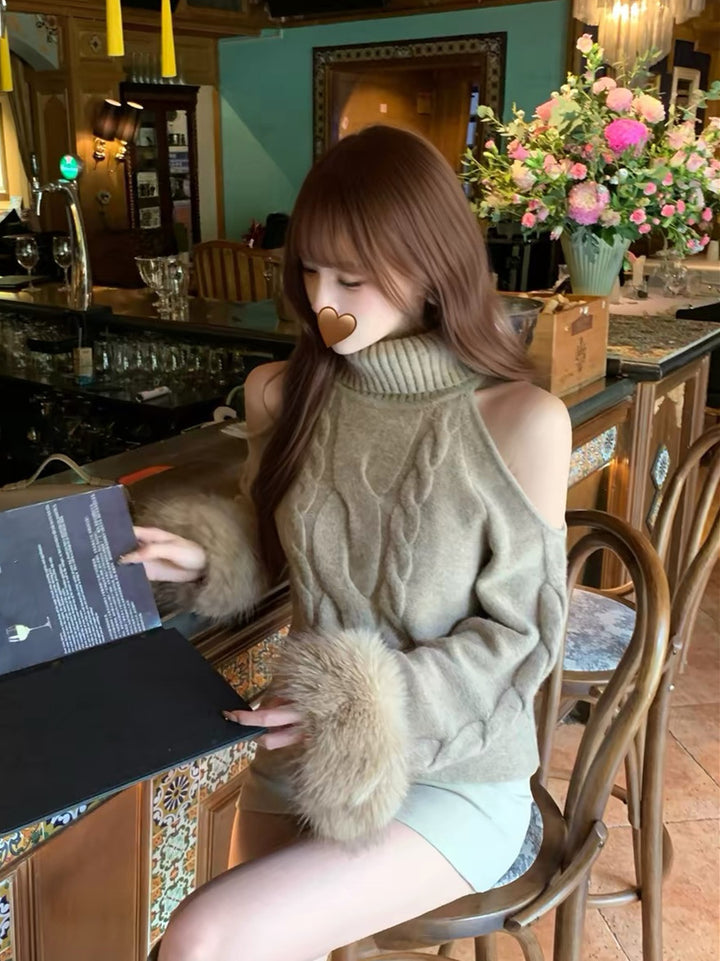 【tops】オープンショルダーファーニットトップス　N3869