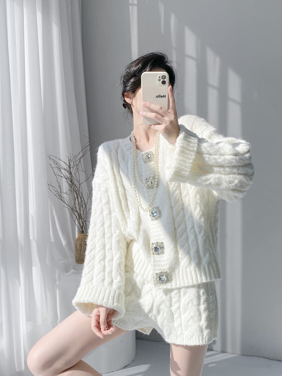 【set】ビジューボタンカーディガン×ショートパンツセット