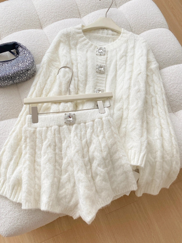 【set】ビジューボタンカーディガン×ショートパンツセット