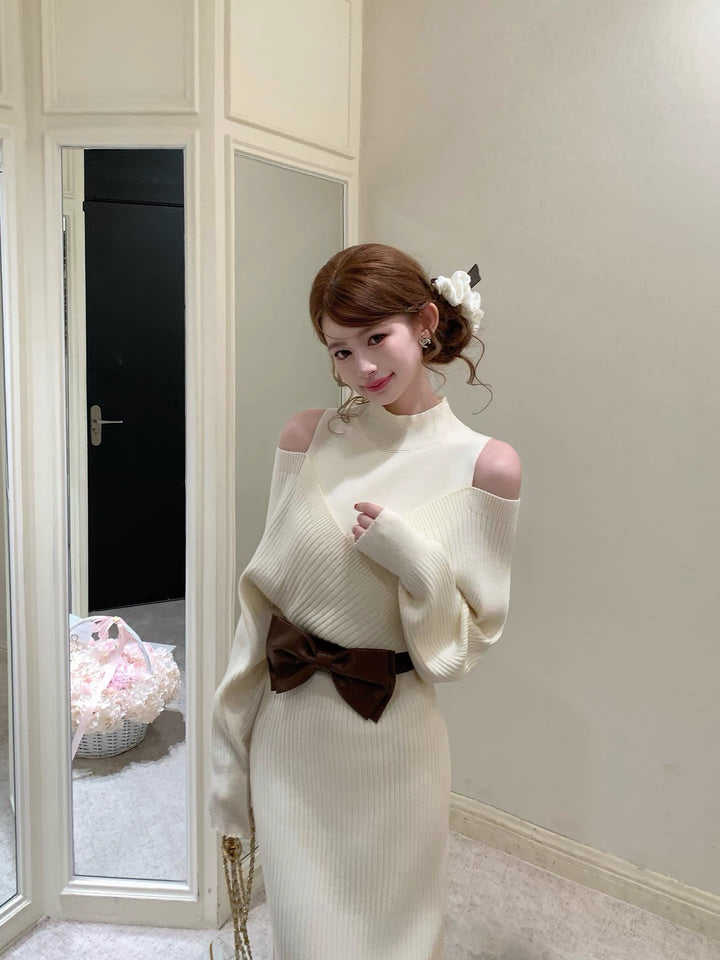 【dress】リボンベルト付きニットワンピース  N3871