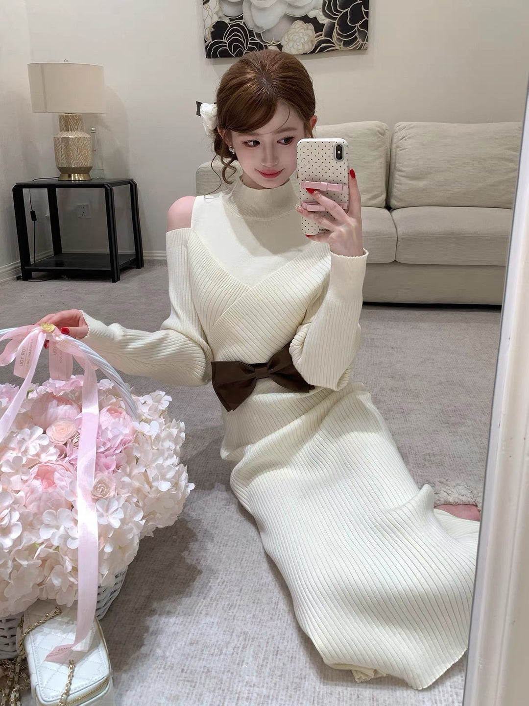 【dress】リボンベルト付きニットワンピース  N3871