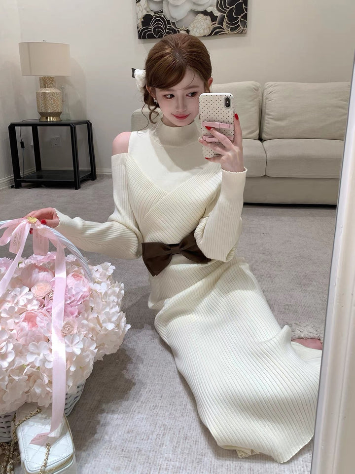 【dress】リボンベルト付きニットワンピース  N3871