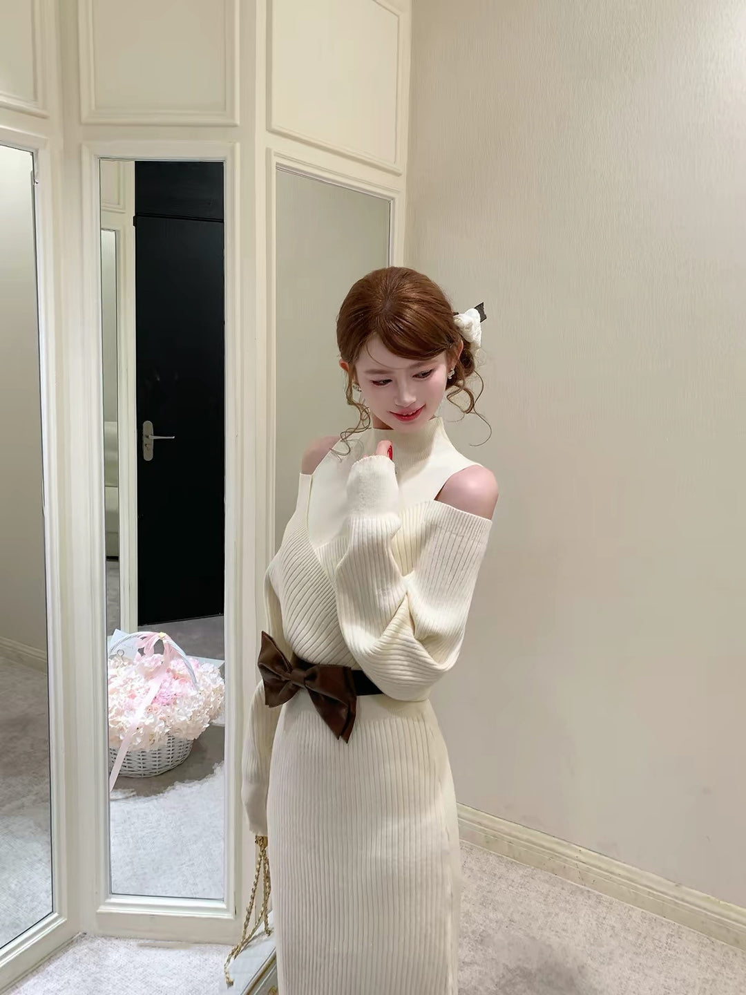 【dress】リボンベルト付きニットワンピース  N3871