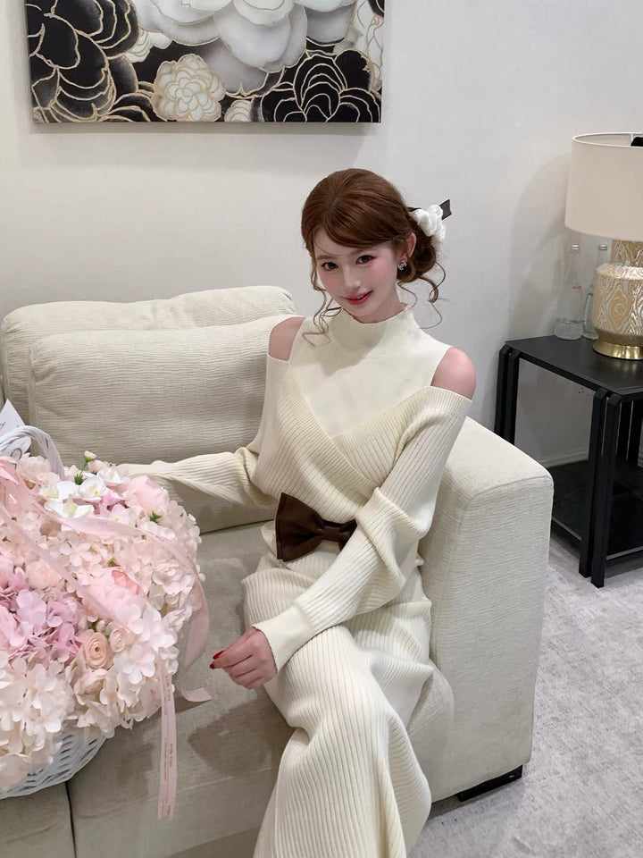 【dress】リボンベルト付きニットワンピース  N3871