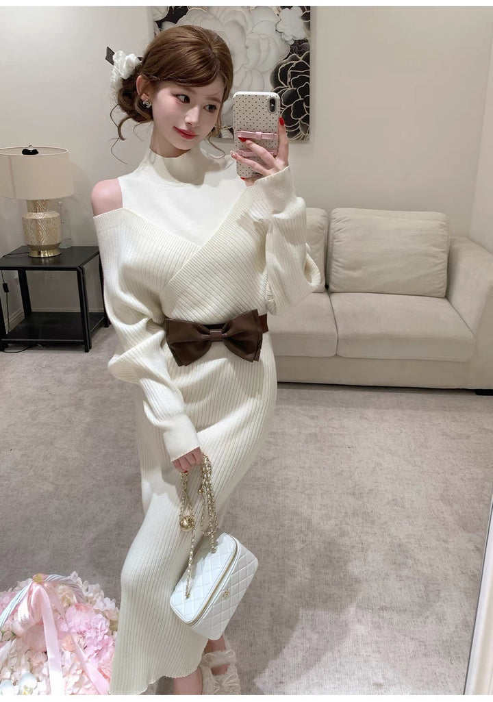 【dress】リボンベルト付きニットワンピース  N3871