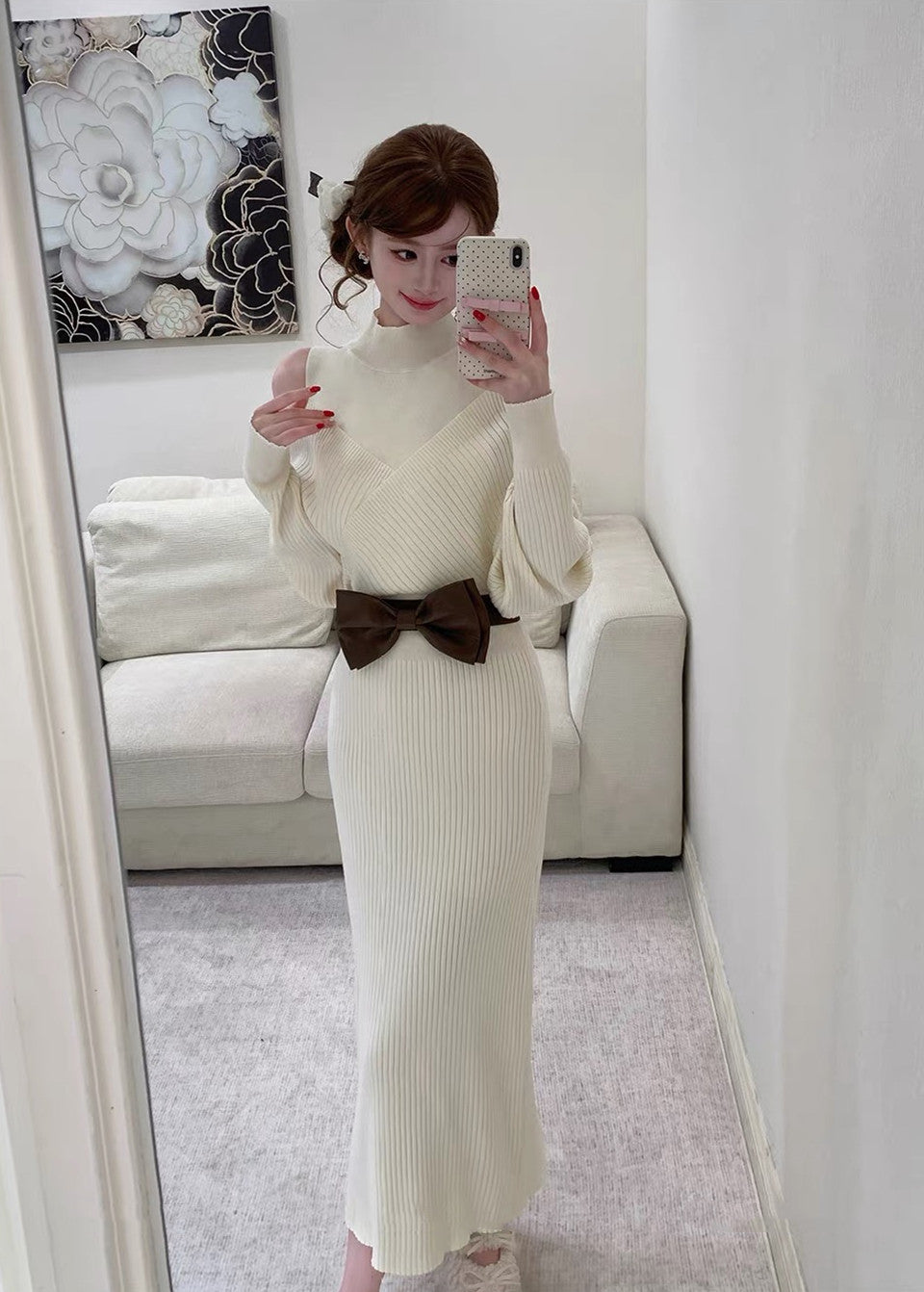 【dress】リボンベルト付きニットワンピース  N3871