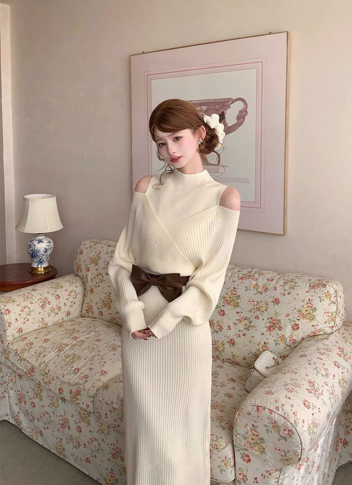 【dress】リボンベルト付きニットワンピース  N3871