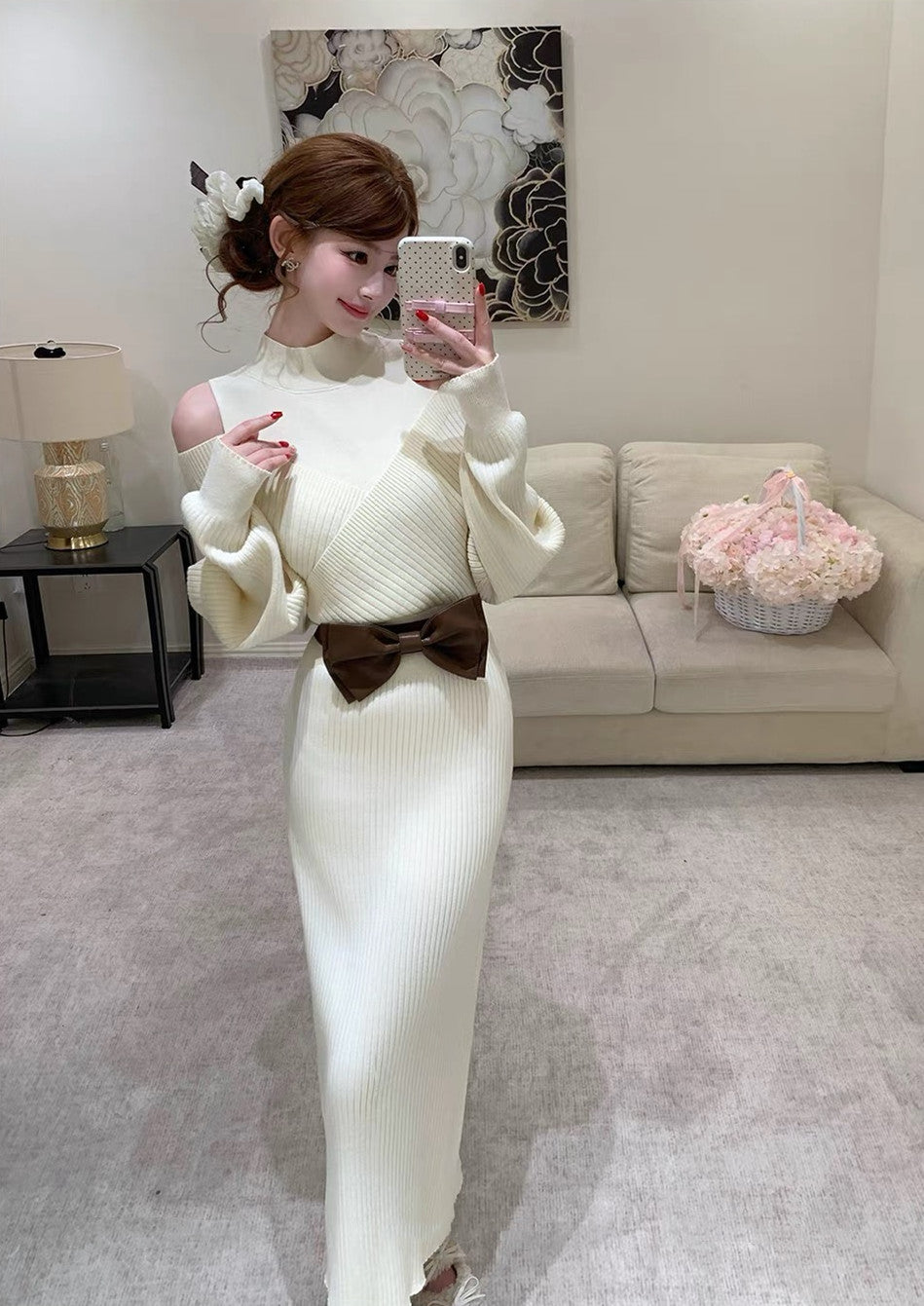 【dress】リボンベルト付きニットワンピース  N3871