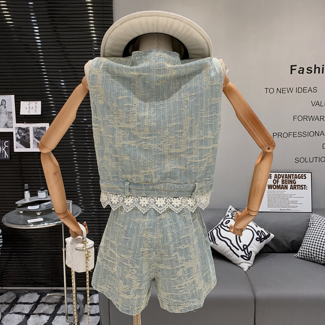 【set】レースデニムベスト×ショートパンツセット　M24776