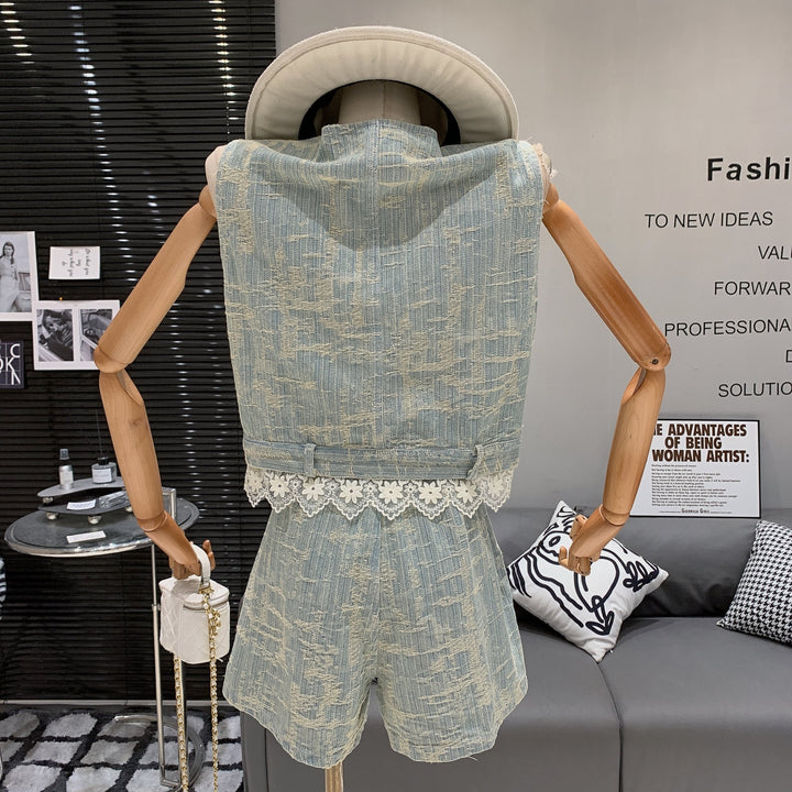 【set】レースデニムベスト×ショートパンツセット　M24776