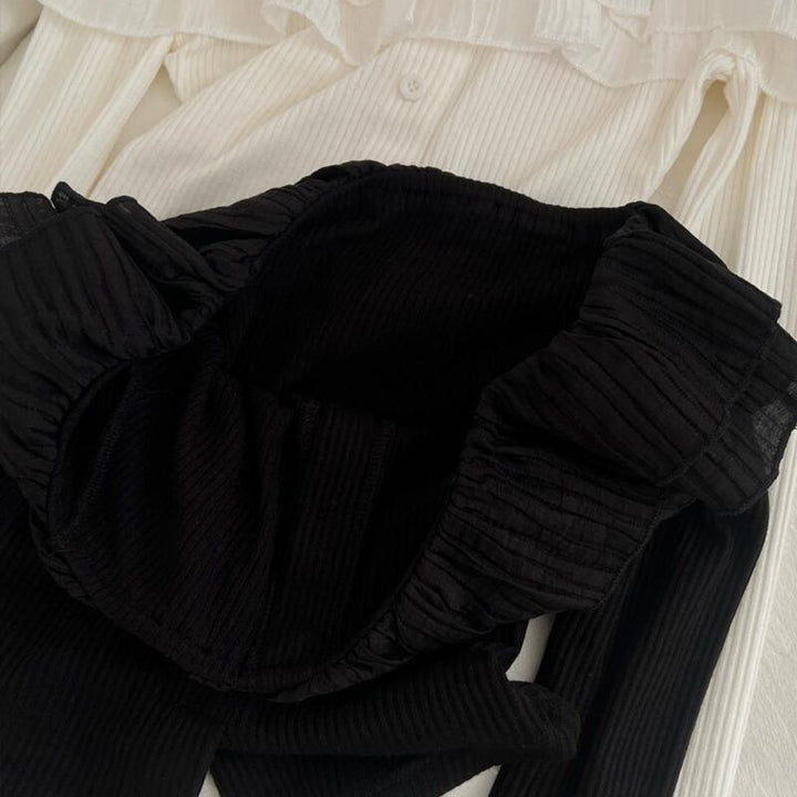 【tops】オフショルダーチュールドッキングニットトップス Q7626