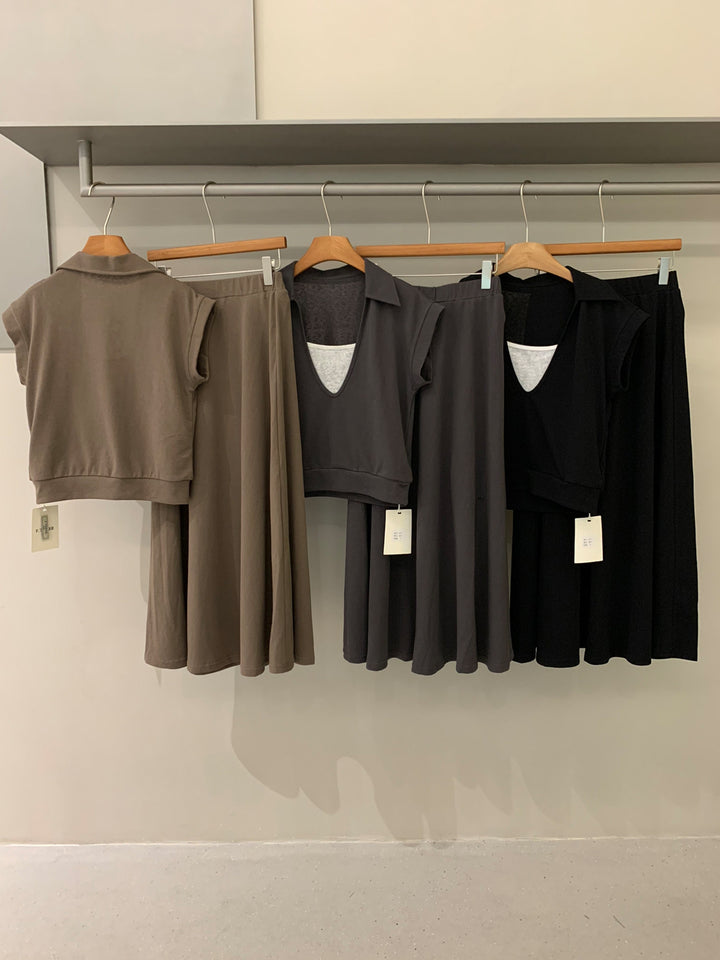 【set】フェイクレイヤードトップス×ロングスカートセット Q8660