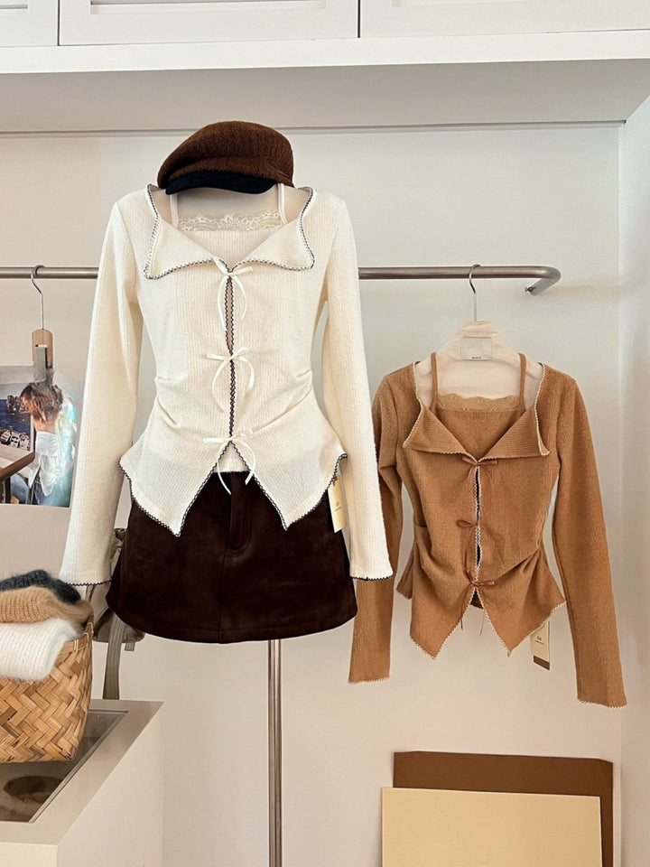 【tops】リボン付きフェイクレイヤードトップス Q9292
