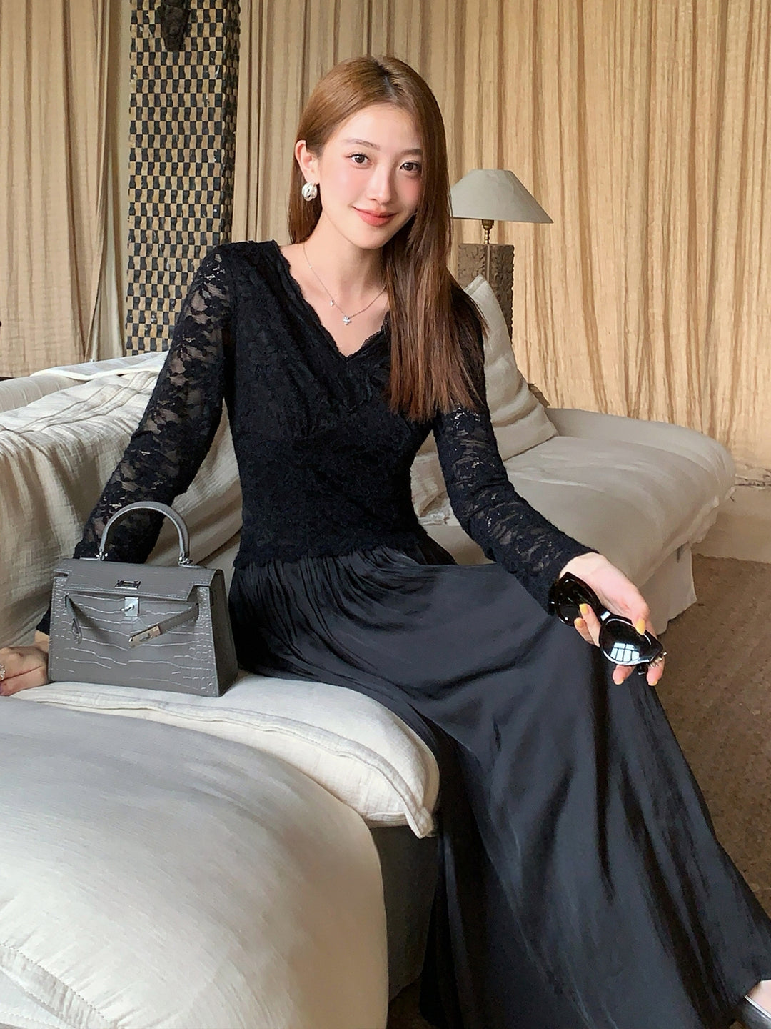 【dress】レースドッキングロングワンピース Q9109